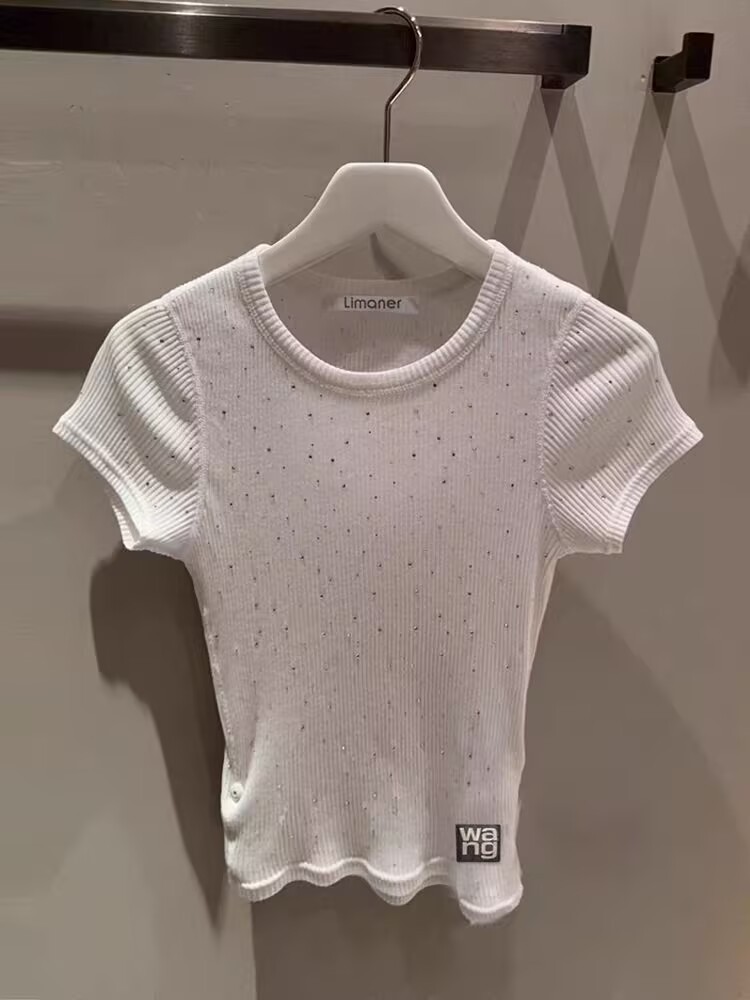 【在庫あり】2025夏新作ラウンドネック半袖Tシャツホットガールスリムフィットホットダイヤモンド見栄えの良いコットントップス女性用