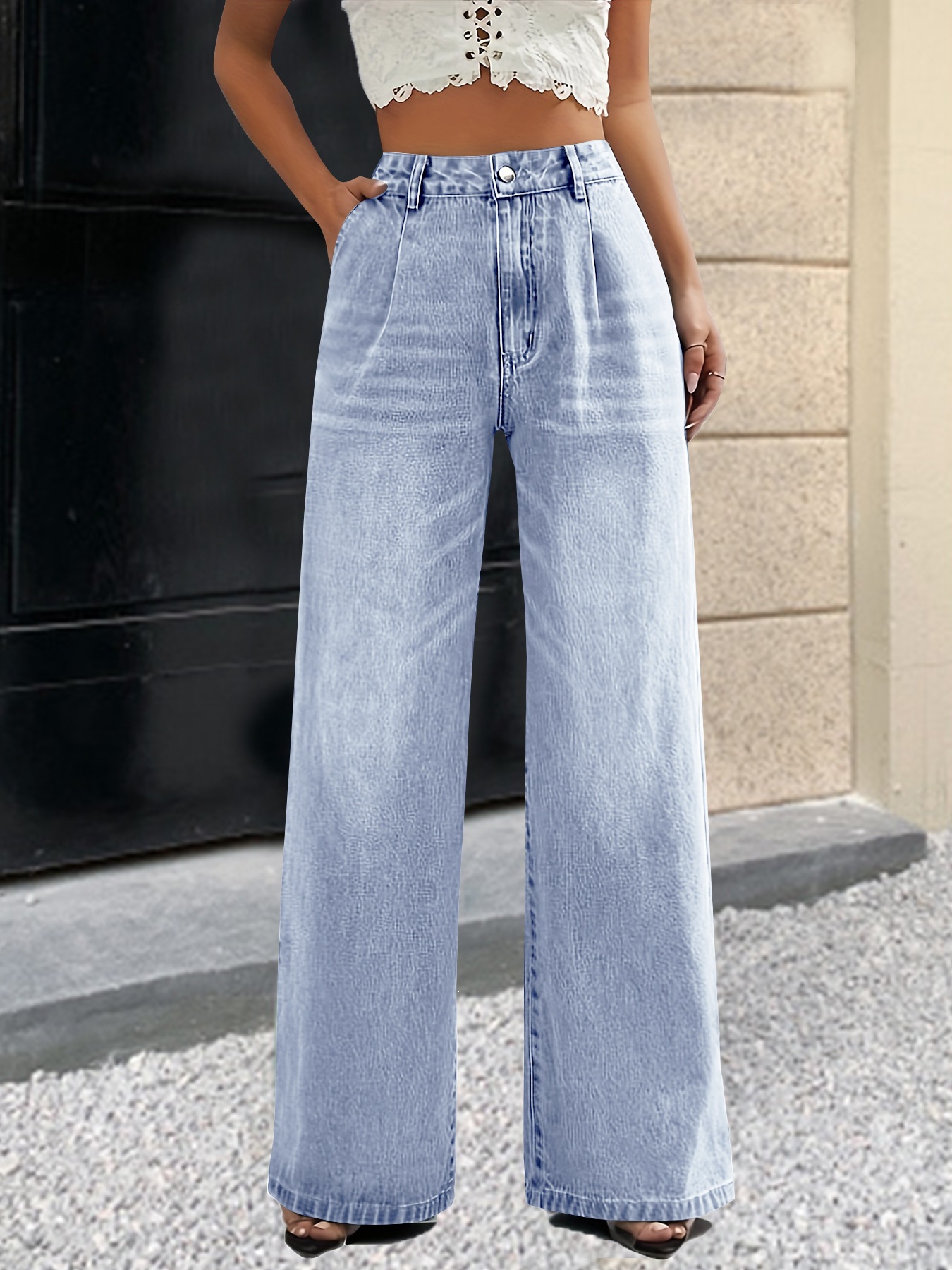 Jeans de Tiro Alto y Corte Recto para Mujer de Mezclilla de Algodón, Efecto Lavado, para Uso Casual image 8