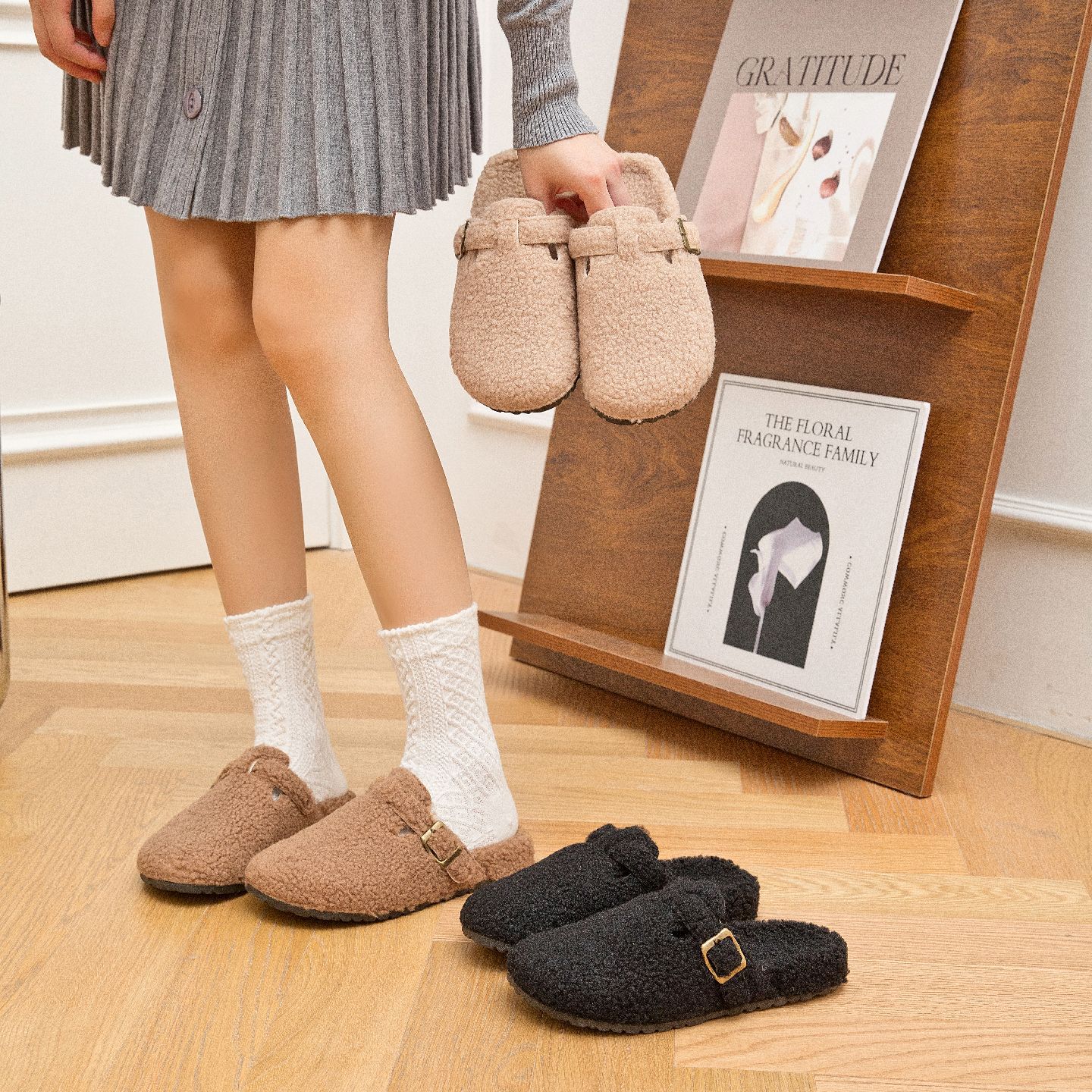 勃肯鞋女泰迪卷毛绒冬季外窗室内羊羔绒保暖懒人包头半拖棉鞋