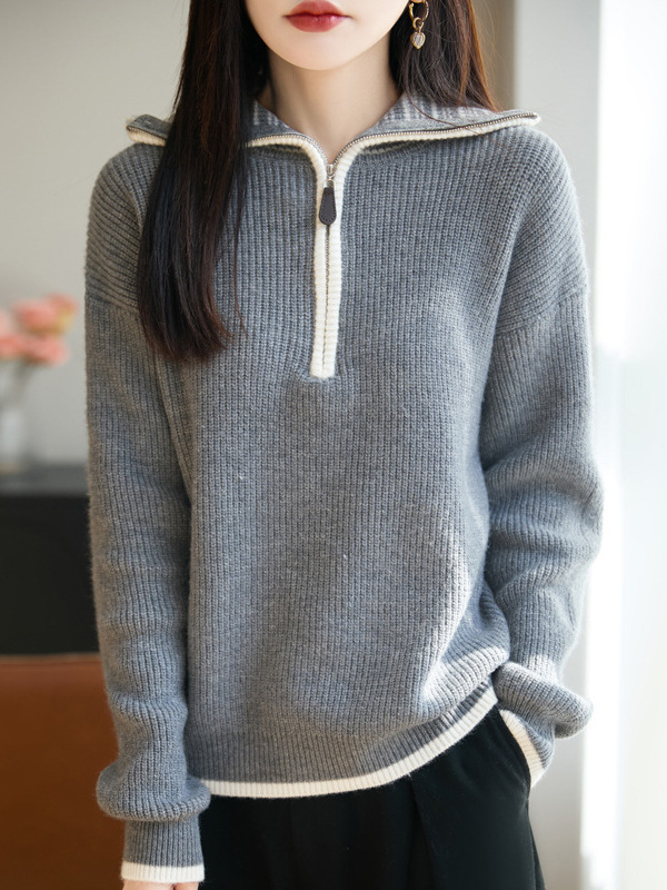 Women's Half-Zip High-Neck Thick Sweater with Bear Fleece Stripes, Lazy Style Color-Block Pullover Women's Half-Zip High-Neck Thick Sweater with Bear Fleece Stripes, Lazy Style Color-Block Pullover