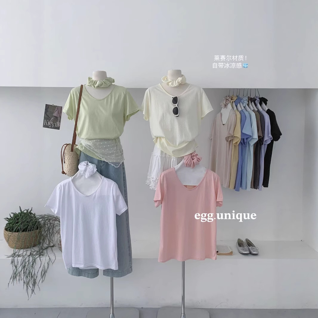 2025 new egg.q loose V-neck shoulder short sleeve T-shirt women's summer Lyocell lazy wind Tencel T with head flower