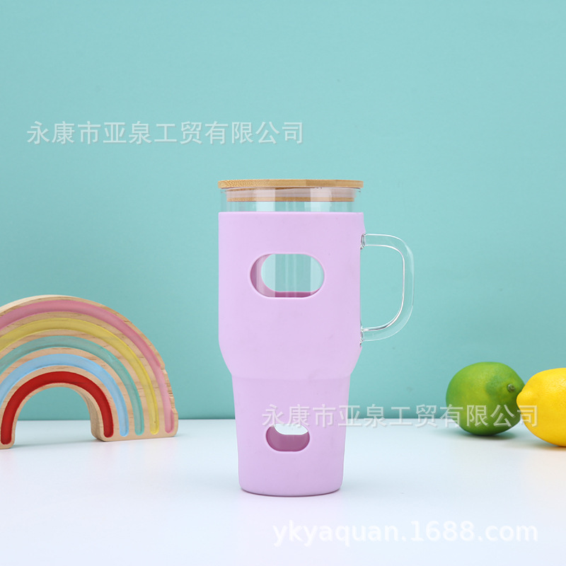 32oz vasos de vidrio transfronterizos con mango de gran capacidad portátil al aire libre cubierta de bambú cubierta de hielo con cubierta de automóvil al por mayor