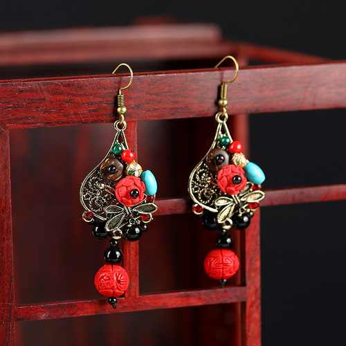 National wind restoring ancient ways is han edition temperament personality web celebrity eardrop alloy cinnabar hanfu round earrings