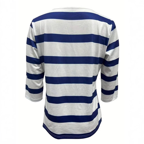Summer 2025 European and American Leisure V-neck Button Striped T-shirt for Women, Fashionable and Versatile