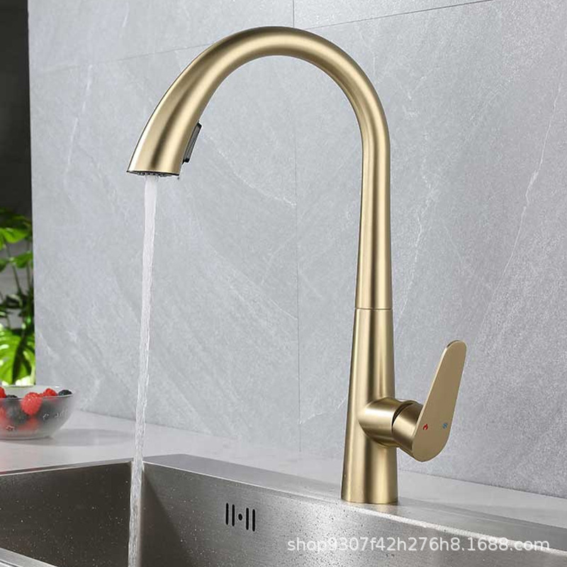 Multifunctional pull-out faucet kitchen sink splash-proof retractable rotatable hot and cold water golden faucet