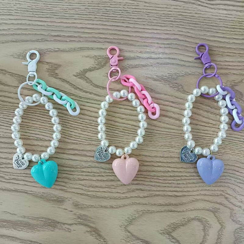 Colorful Heart-Shaped Phone Case Charm Pearl Bracelet Keychain DIY Customizable Accessories DIY Creativity