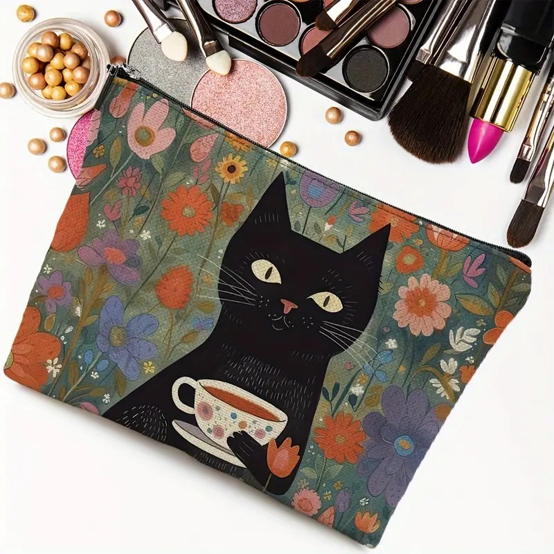 Transfronterizos Amazon maquillaje de damas retro gatos diseño creativo maquillaje bolsa de almacenamiento lino cremallera impermeable