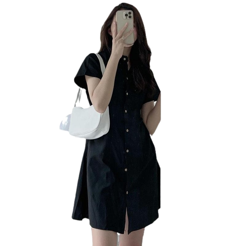 한국 세련된 여름 간단한 기질 옷깃 싱글 브레스트 버클 허리 슬리밍 반팔 셔츠 원피스