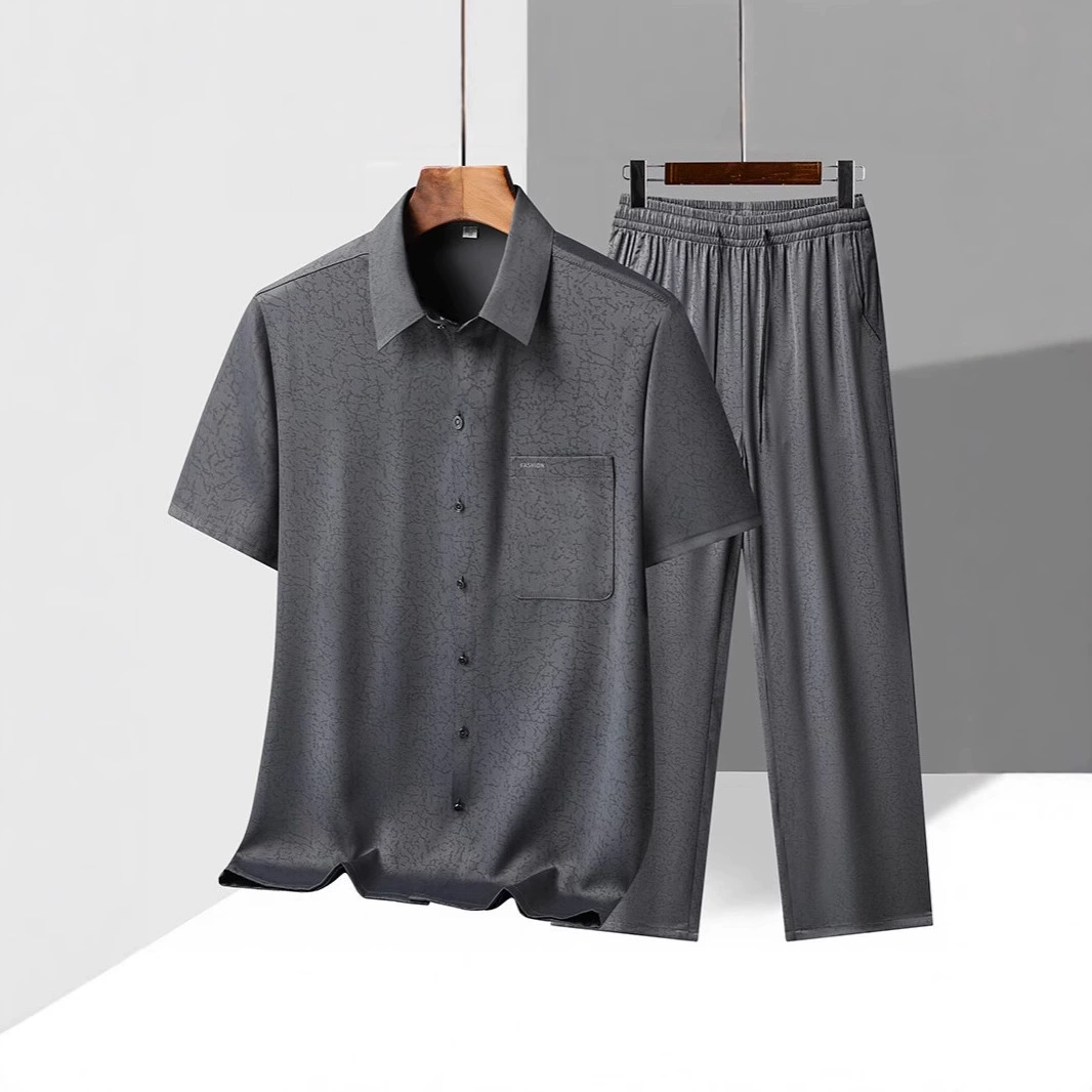 Летний тонкий мужской костюм из ледяного шелка, рубашка с короткими рукавами для среднего и пожилого возраста, мужская свободная рубашка, летний комплект из двух предметов для папы