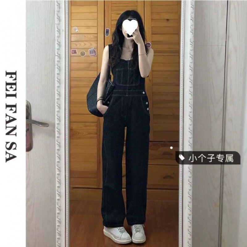 Весенне-осенний солено-черный комбинезон, женские прямые свободные цельные джинсовые брюки с широкими штанинами маленького размера с высокой талией