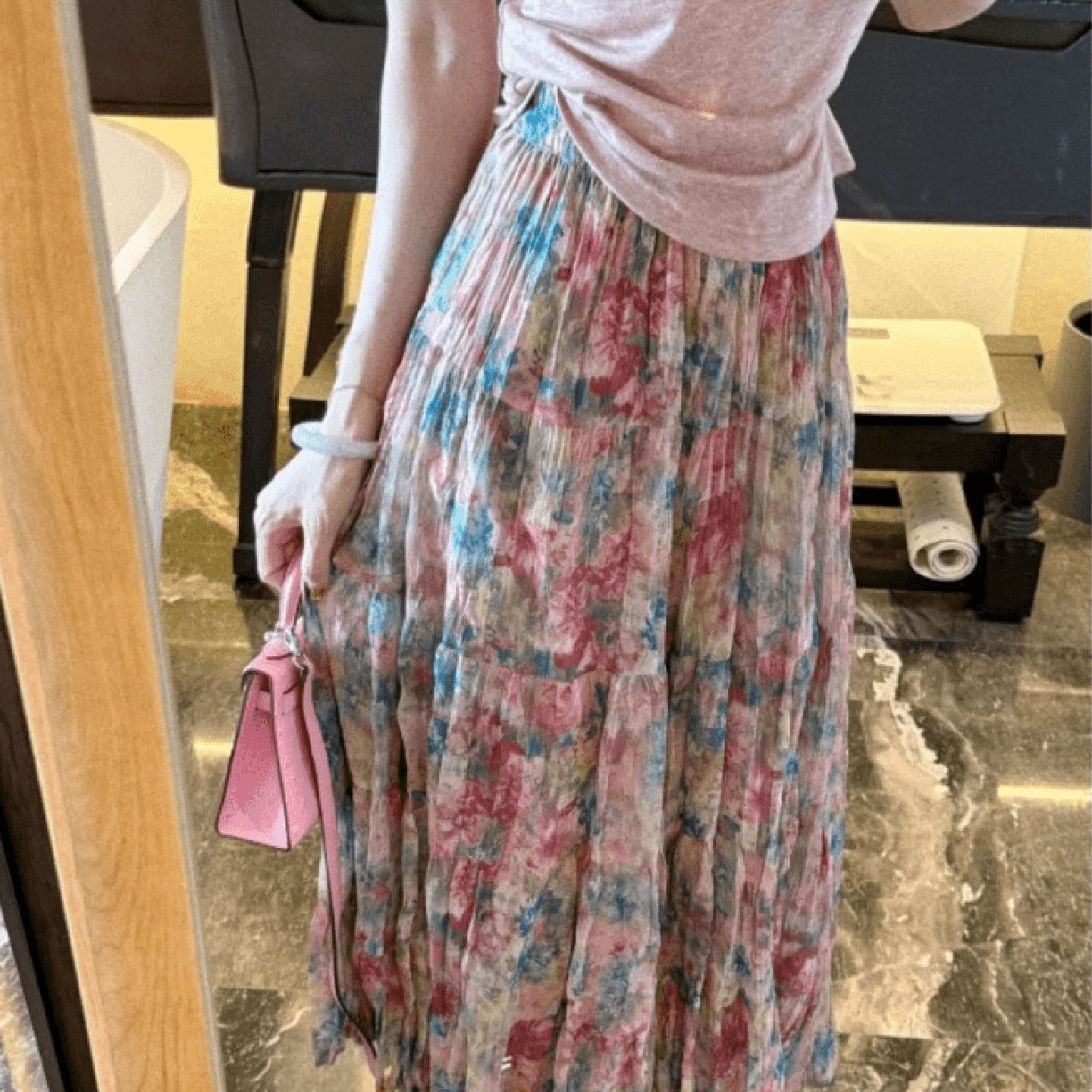 绝美海边穿搭~2026夏季新莫奈花园乔其纱高定水墨染百褶半身裙女