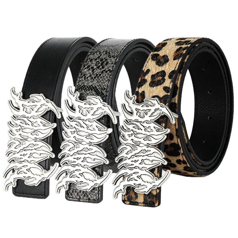 Y2K American Retro Style Flame Metal Buckle Leather Decorative Belt, Unisex, Double-Sided Use