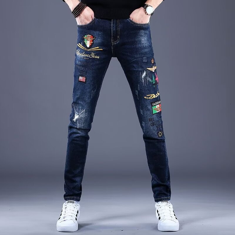 2023 spring and summer washed fashionable embroidered fashionable slim fit skinny stretch jeans 2024 trendy men's straight pants