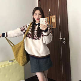 杏色费尔岛毛衣女秋冬2025新款宽松慵懒风软糯氛围感套头小众上衣