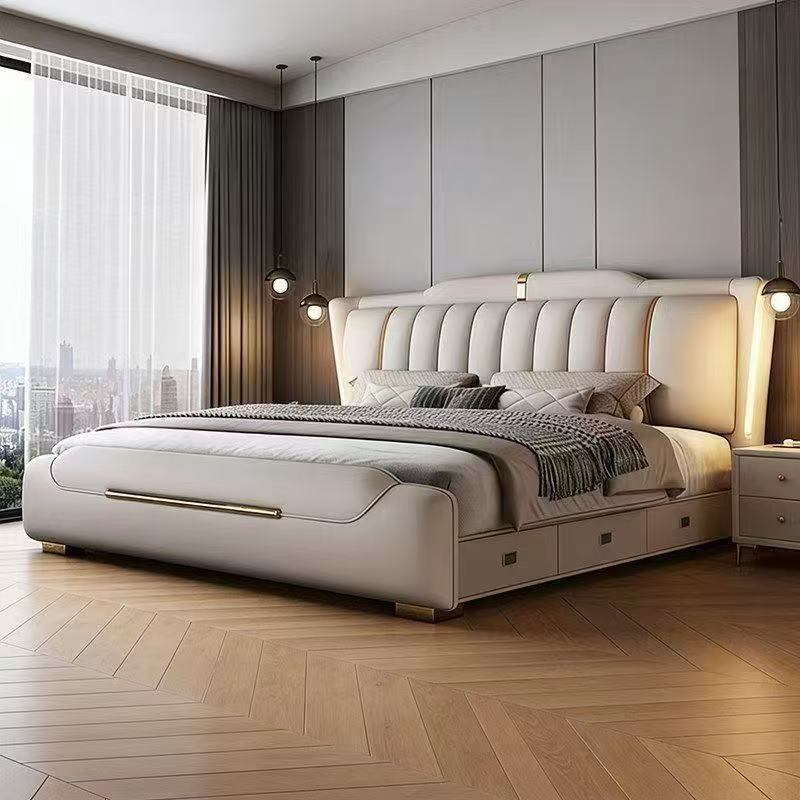 Italian-style, light luxury, illuminated leather bed, modern and minimalist design, suitable for a small master bedroom, with soft padding and storage Italian-style, light luxury, illuminated leather bed, modern and minimalist design, suitable for a small master bedroom, with soft padding and storage