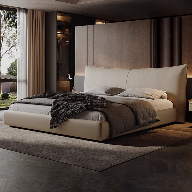 Cama de cuero minimalista italiana Chanel, primera capa de cuero de vaca, cama doble, cama de cuero suave negra de 1.8 m