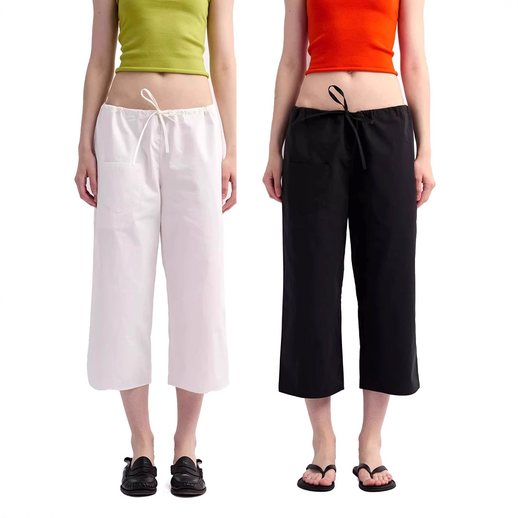 Ready-Made Eight-Quarter Pants, Daily Comfort, Summer Women's Straight Pants, Versatile Drawstring White Casual Pants, Work Clothing, Slim and Casual