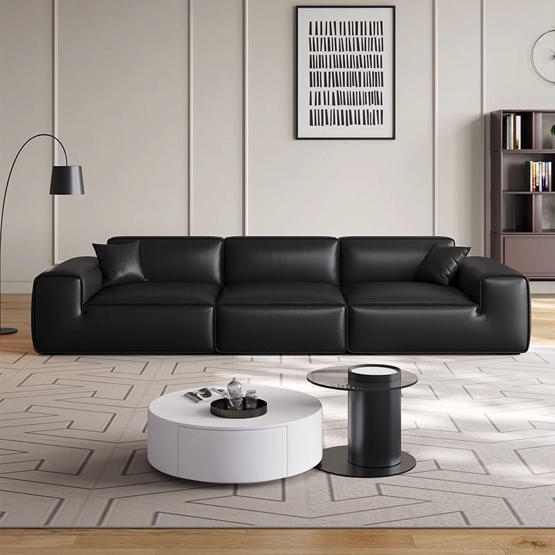Large Black Cowhide Sofa for Living Room, Italian Minimalist Style, Top Layer Cowhide, Suitable for Various Sizes, Straight Row Black Tofu Block Sofa