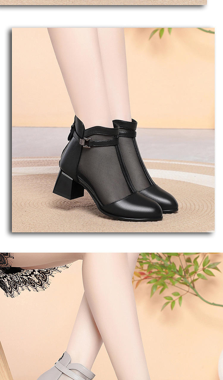 Boot nữ cổ thấp da lộn lưới gót vuông 6 cm — Xám gạo chi tiết 10