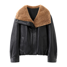 2025冬季新款女装宽松复古机车保暖毛领素皮羽绒服外套 4EIN034