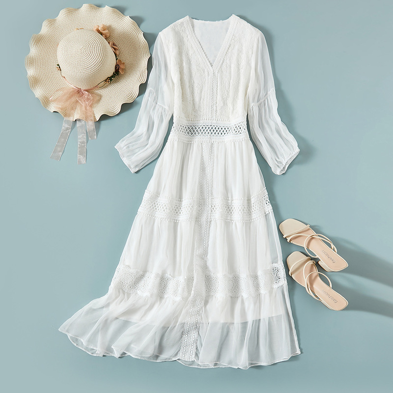 Barbie Women's Silk dress Solid Color Simple Long Sleeve Embroidered Crooked White Long Dress 81056 Barbie Women's Silk dress Solid Color Simple Long Sleeve Embroidered Crooked White Long Dress 81056