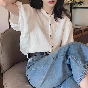 2025 New Style White Tencel Cotton and Linen Short-sleeved Shirt Women's Summer Thin Puff Sleeve Top Shirt Ins