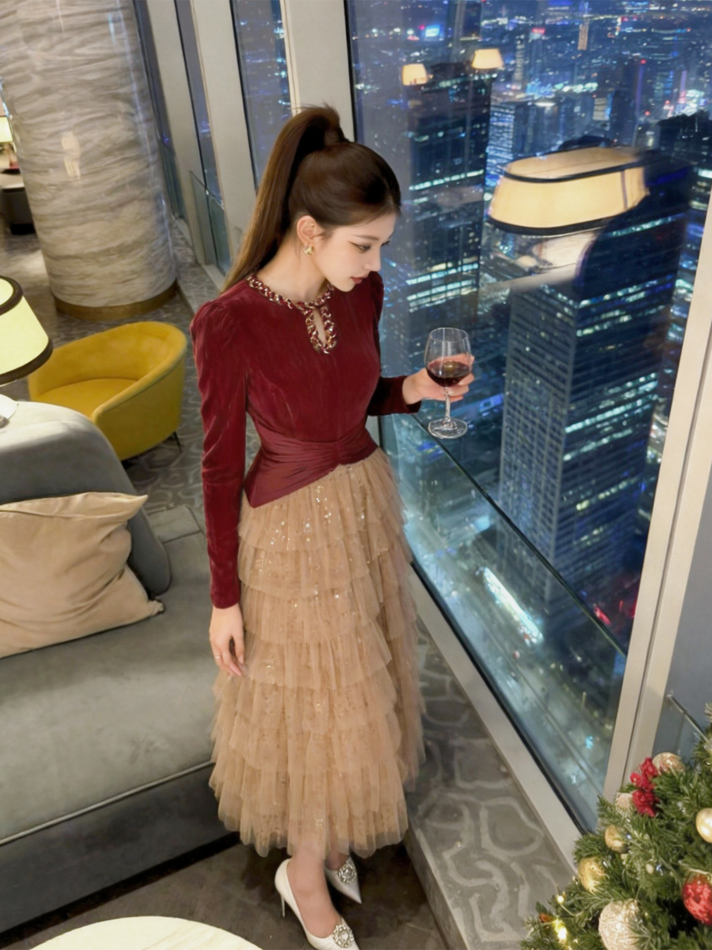 Đầm maxi nữ cổ tròn xuyên thấu eo thắt, kiểu bánh kem lưới tiên nữ — màu sắc