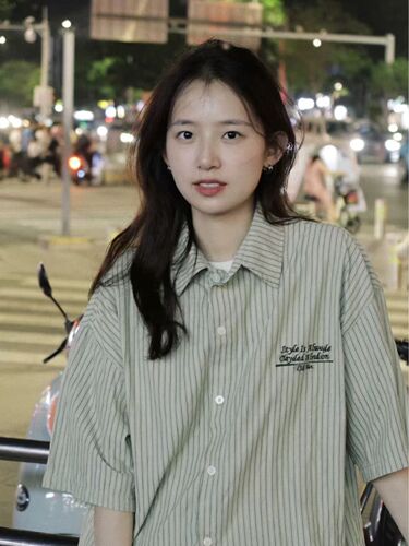 Striped Short-Sleeve Shirt for Women, Student Summer Daywear, Japanese Trend Brand, Loose Retro Layering Casual Workwear Embroidered Shirt