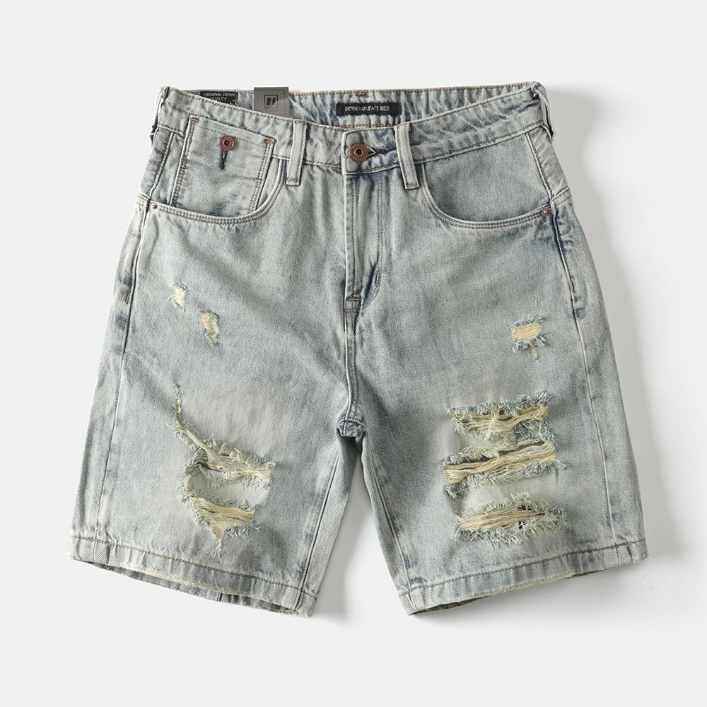 Men's Clothing Men's Mid-Length Distressed Ripped Denim Shorts Summer Retro Washed Muddy Casual Loose Trendy_mkmklike.com