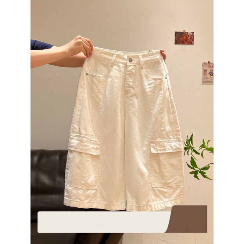 Korean-Style Workwear White Multi-Pocket Cropped Wide-Leg Pants for Women, 2026 Summer New Loose Slimming Casual Pants