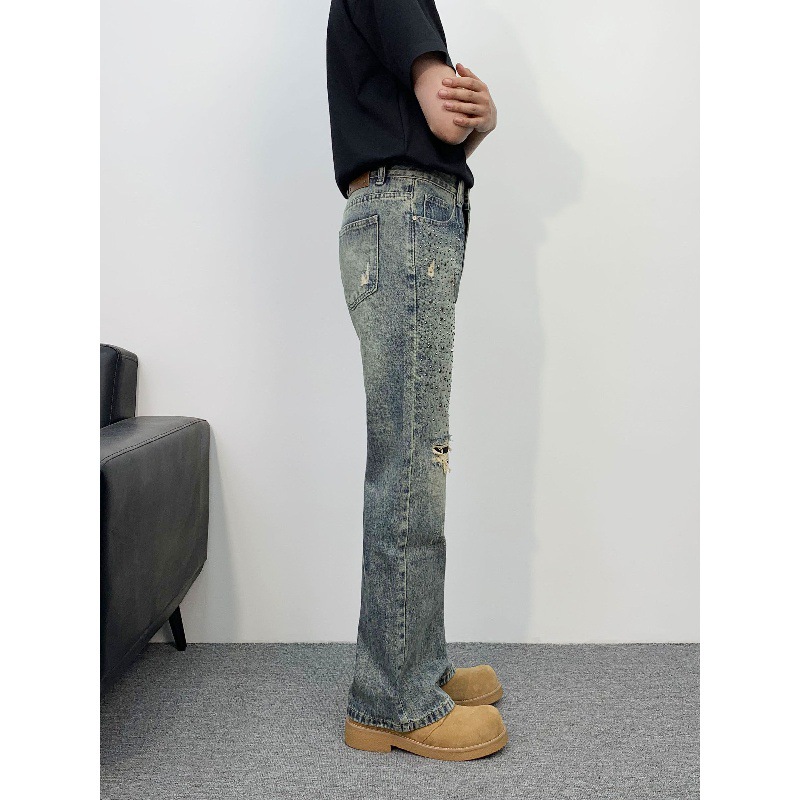 Personalisierte, mit Strasssteinen verzierte Jeans für Herren, Frühling und Sommer, Used-Look, von einer bekannten Modemarke, stylische Straight-Leg-Schlagjeans_voghion.com