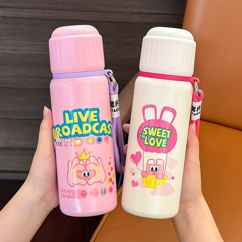 高颜值涂鸦保温杯316不锈钢弹跳直饮水杯户外便携两用跑茶水杯子