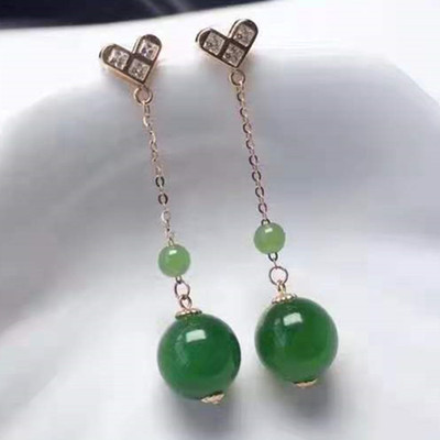 耳饰批发代发 时尚饰品新款女约9.5MM耳环18K金天然和田碧玉耳坠