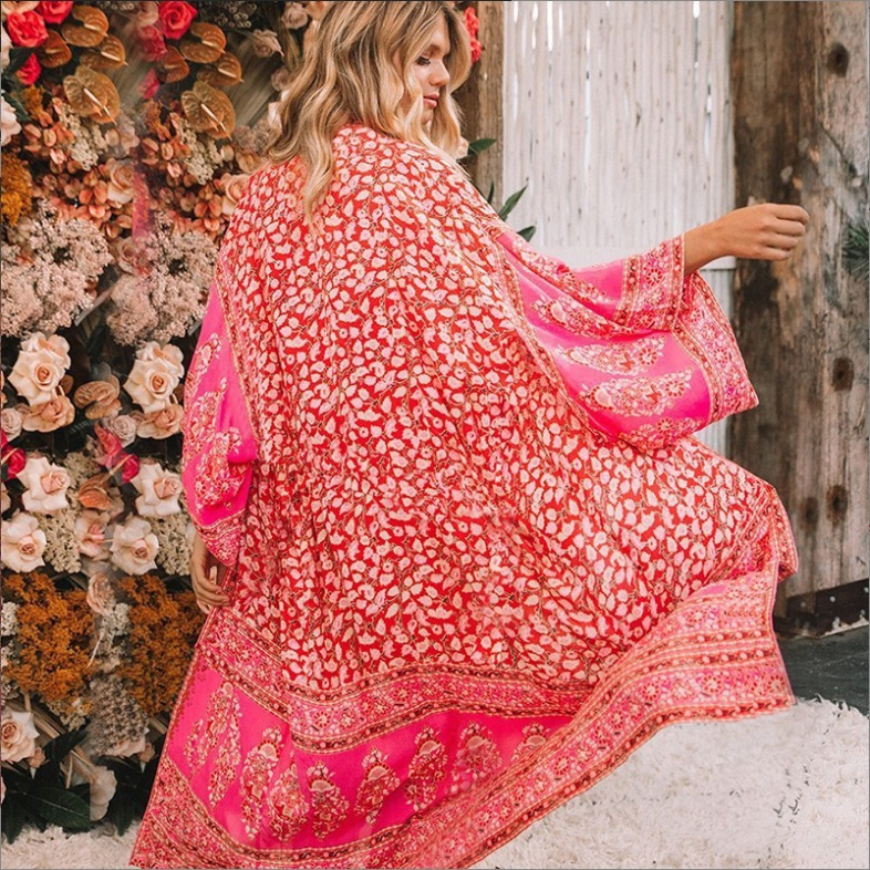 European and American Women's Chiffon Mid-Length Cardigan Positioning Printed Ankle-Length Kimono Robe Shawl Bikini Cover-Up