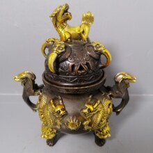 仿古鎏金狮子二龙戏珠熏香炉地摊文玩摆件家居装饰礼品工艺品批发