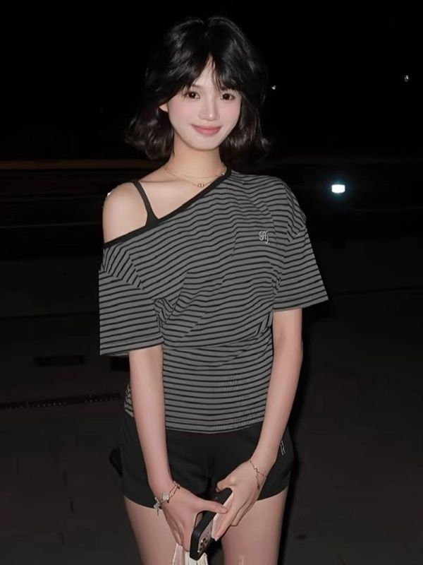 条纹刺绣斜肩短袖t恤女夏季新款修身显瘦露肩美式甜辣妹上衣潮ins|undefined