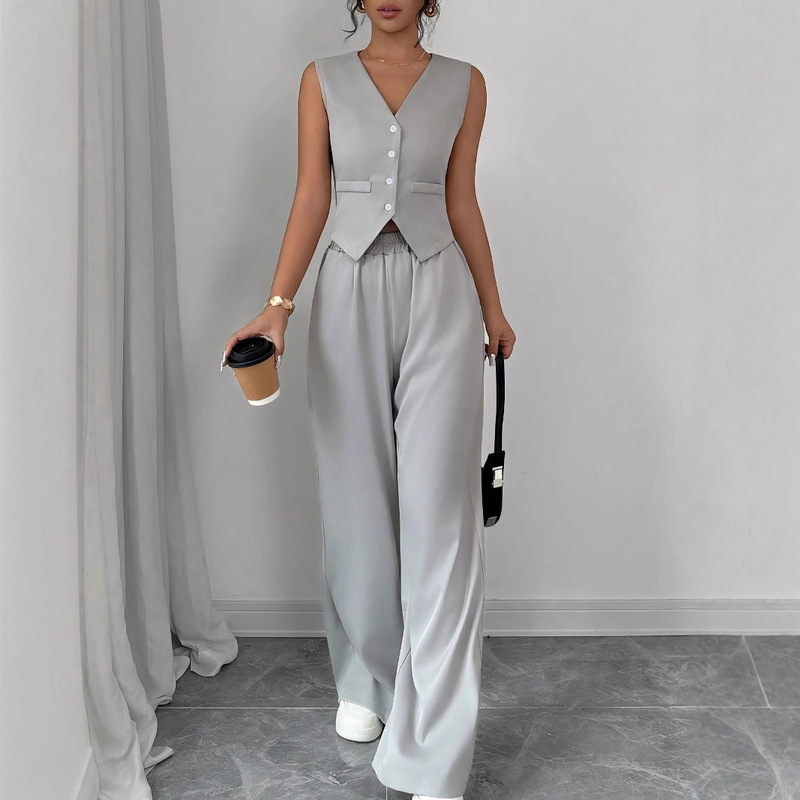 Cross-Border Amazon European and American Women's Clothing 2025 New Spring/Summer Elegant Buttoned Sleeveless Vest and Long Pants Set