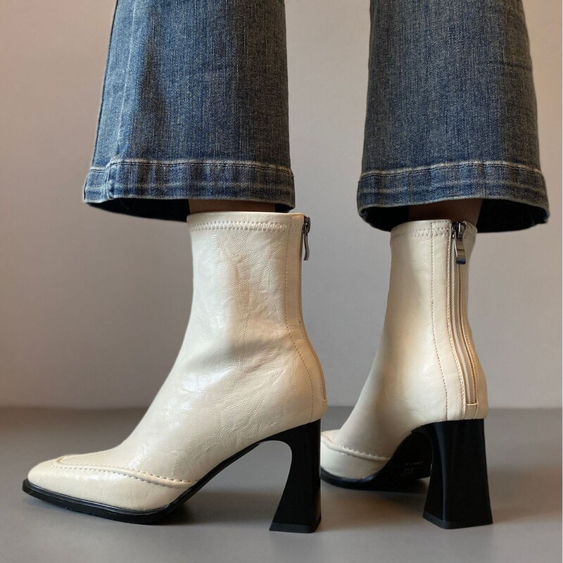 Commuting High-Heeled Slim Boots, Retro-Style Square-Heeled Slimming Elastic Boots, Back Zipper, Soft Leather Short Boots, Versatile