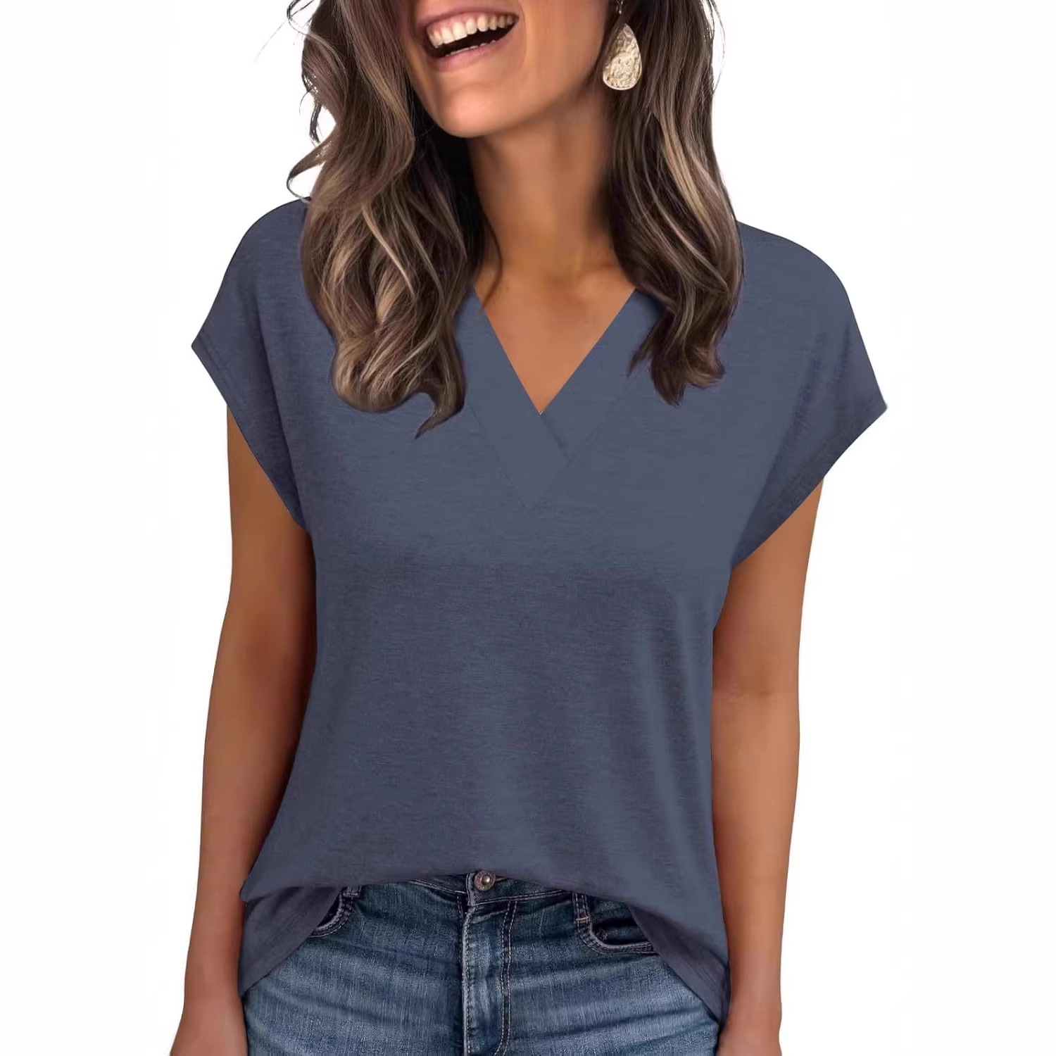 2026 Women Summer Casual V Neck Cap Sleeve Basic Tops_ecoleips.com