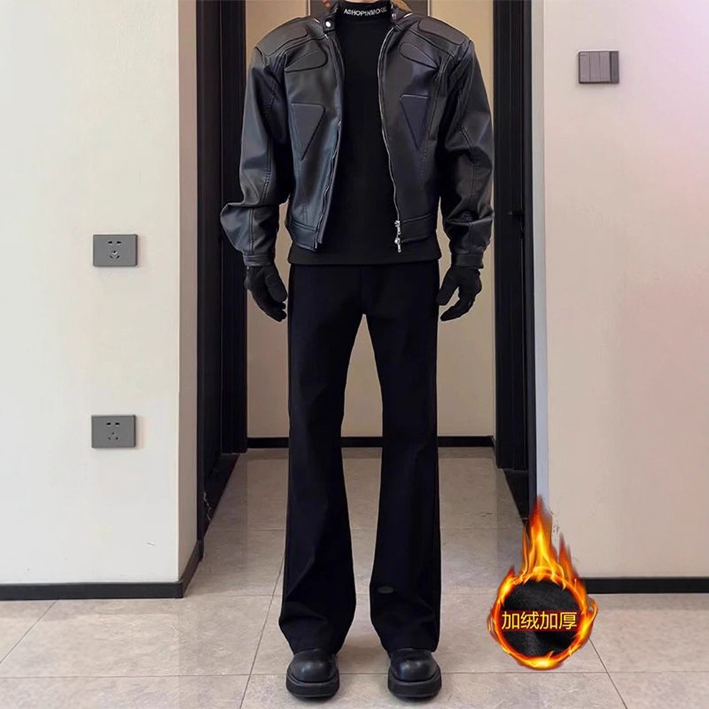 Cleanfit Curved Blade Flared Trousers Men's Autumn and Winter Fleece Black Slim Pants Tall Casual Straight Pants