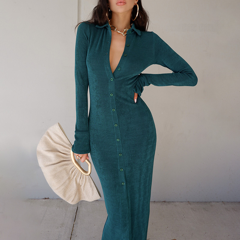 solid color knitted V-neck single-breasted long-sleeved dress NSAFS135529