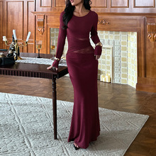 XM25009欧美风性感腰部拼接蕾丝连衣裙2025秋季新款ins修身包臀裙