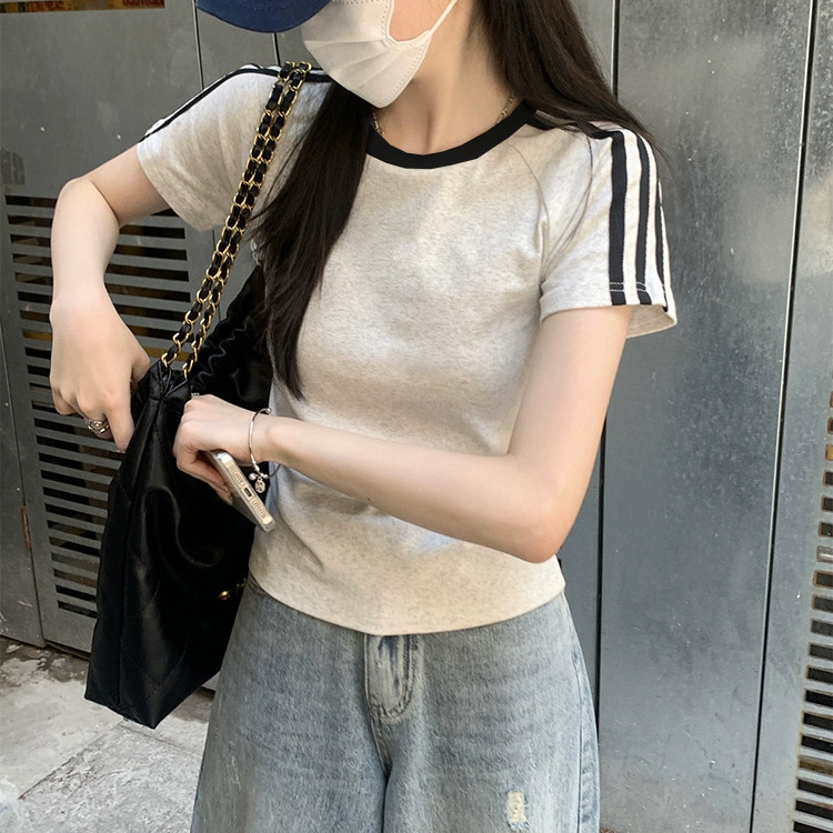 Three-Stripe Shoulder Top with a Spicy Girl Vibe, Simple Patchwork Pure Cotton Short-Sleeve T-Shirt for Women, New Summer French Style Three-Stripe Shoulder Top with a Spicy Girl Vibe, Simple Patchwork Pure Cotton Short-Sleeve T-Shirt for Women, New Summer French Style