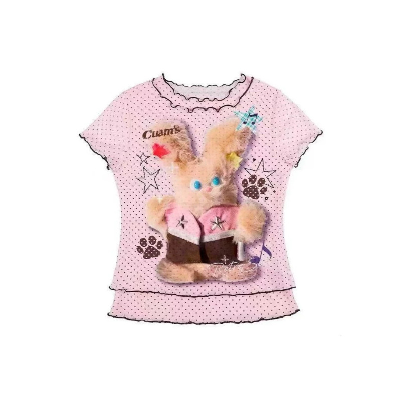 Plaid Polka Dot Ruffled Shoulder-Length T-Shirt Top for Women, Youthful Print Lace Rolled-Edge Short-Sleeve T-Shirt