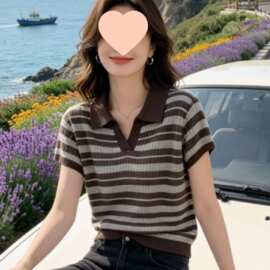 韩版咖色polo领条纹针织衫女2026夏大码胖MM修身显瘦超火减龄上衣