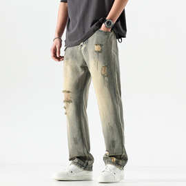 2023美式街头水洗复古怀旧破洞直筒牛仔裤男MEN JEANS HOLE