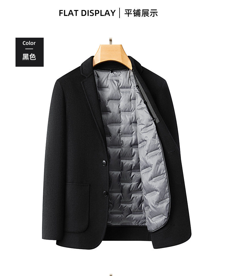 Áo vest nam dạ len hai mặt có lớp lót lông vũ tháo rời, tay dài, cổ vest — Cà phê xám, màu xám đậm, đen chi tiết 12