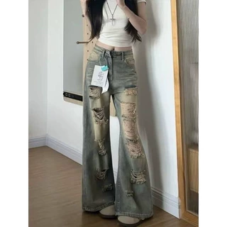 美式复古辣妹做旧破洞牛仔裤女春夏新款直筒宽松显瘦阔腿裤长裤子