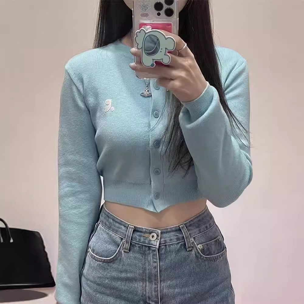 即墨原工場早秋の新型優しい粉RRアルファベット刺繍ニットカーディガンセーターのコートの短い上着の外付け