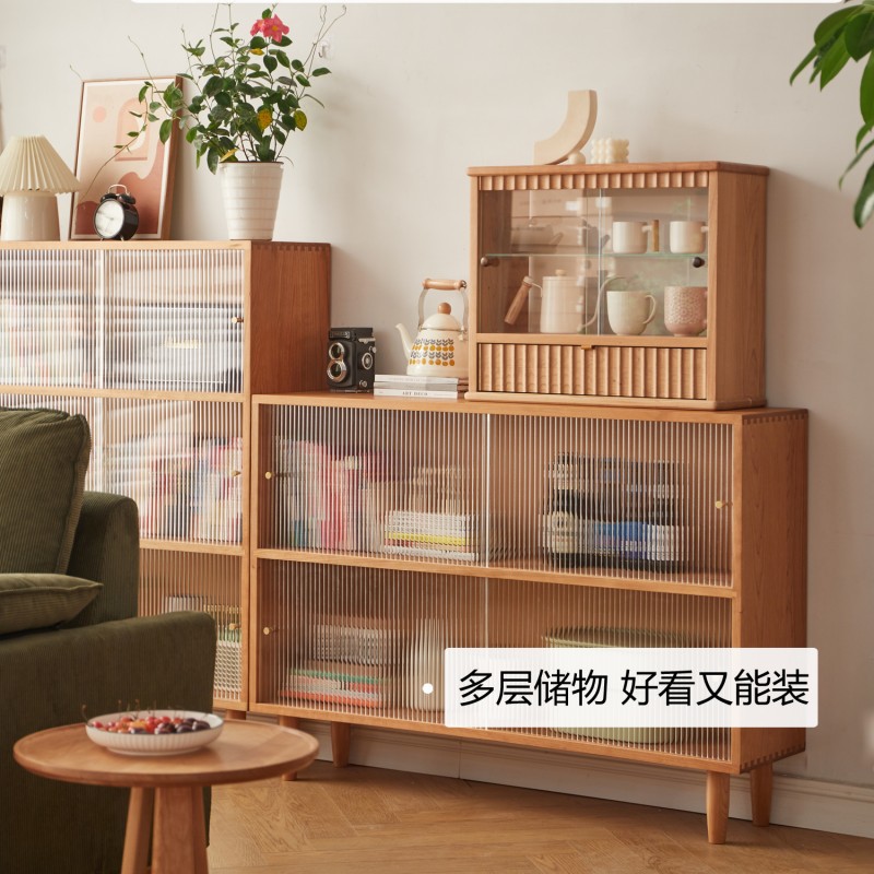 Solid Wood Floor-To-Ceiling Storage Cabinet Nordic Cherry Wood Glass Door Low Bookshelf Modern Minimalist Study Children's Small Side Cabinet